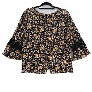 Zac & Rachel Top Women PL Floral Blouse Bell Sleeve Crochet Trim Boho Peasant